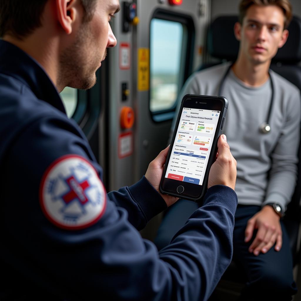 Paramedic Using a Mobile Device with a Patient