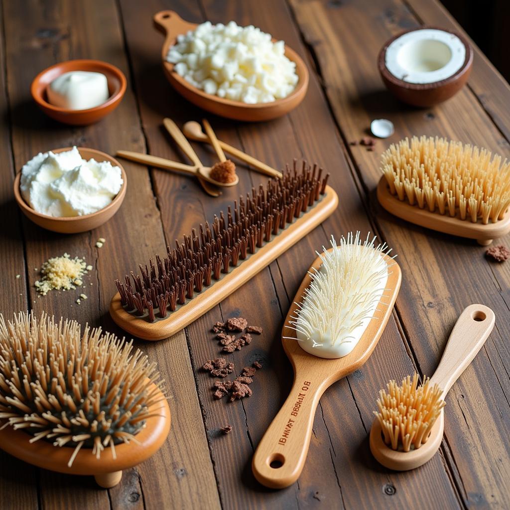 A wide selection of natural hair care tools displayed on a table, including wooden combs, boar bristle brushes, and satin hair wraps.