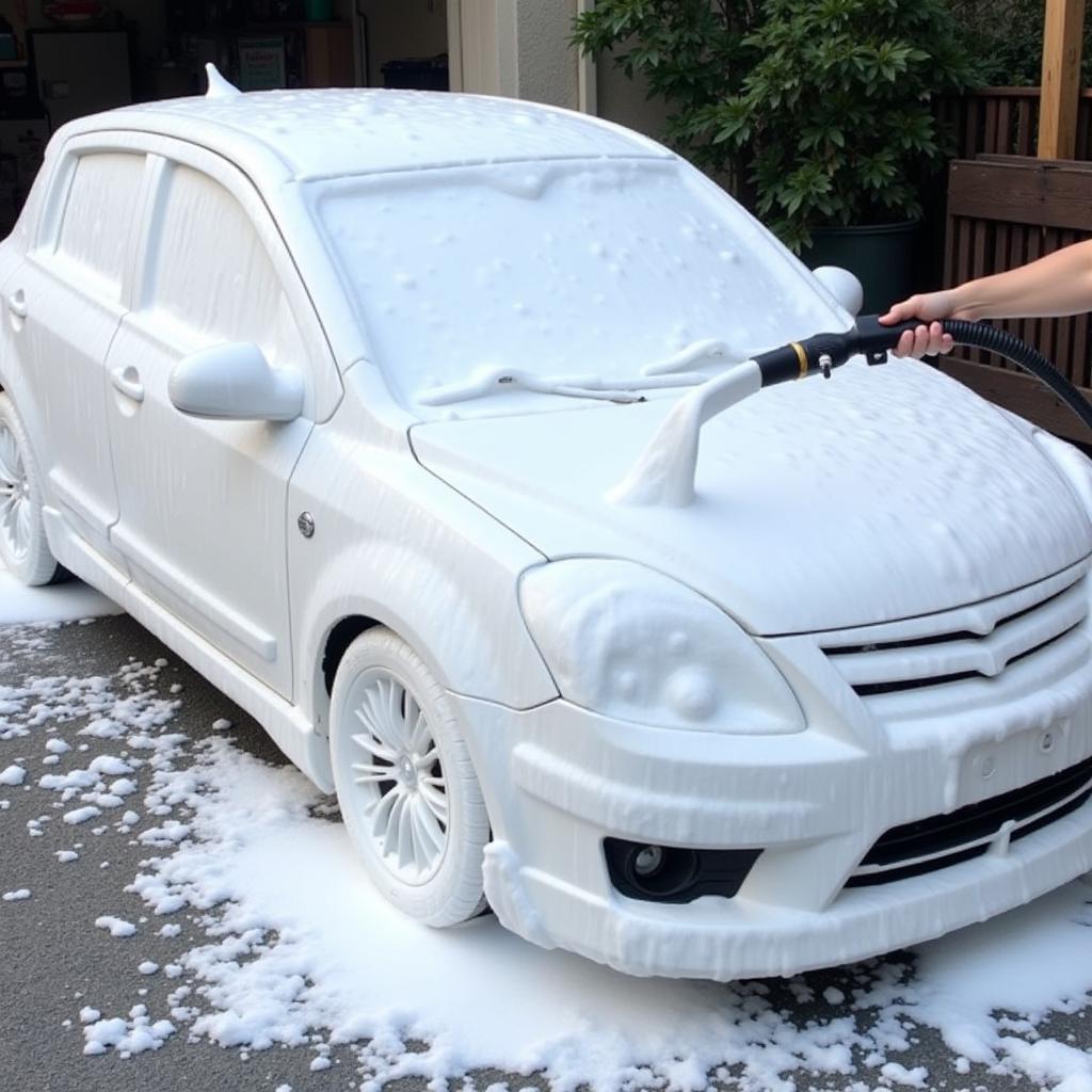 Applying car wash soap with a foam cannon from Northern Tool enhances cleaning and protects the paint.