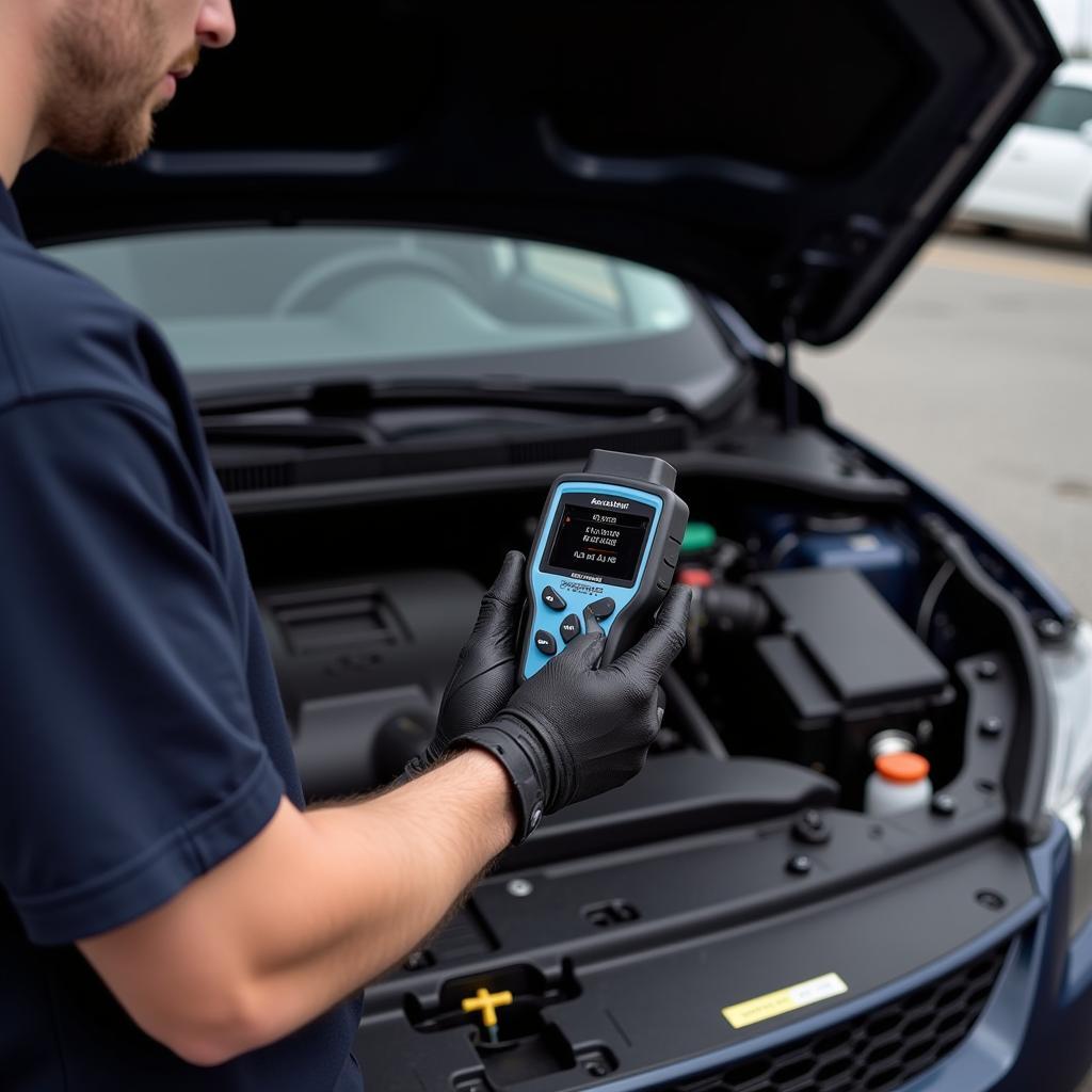 Mechanic using an OBD code reader on a car engine