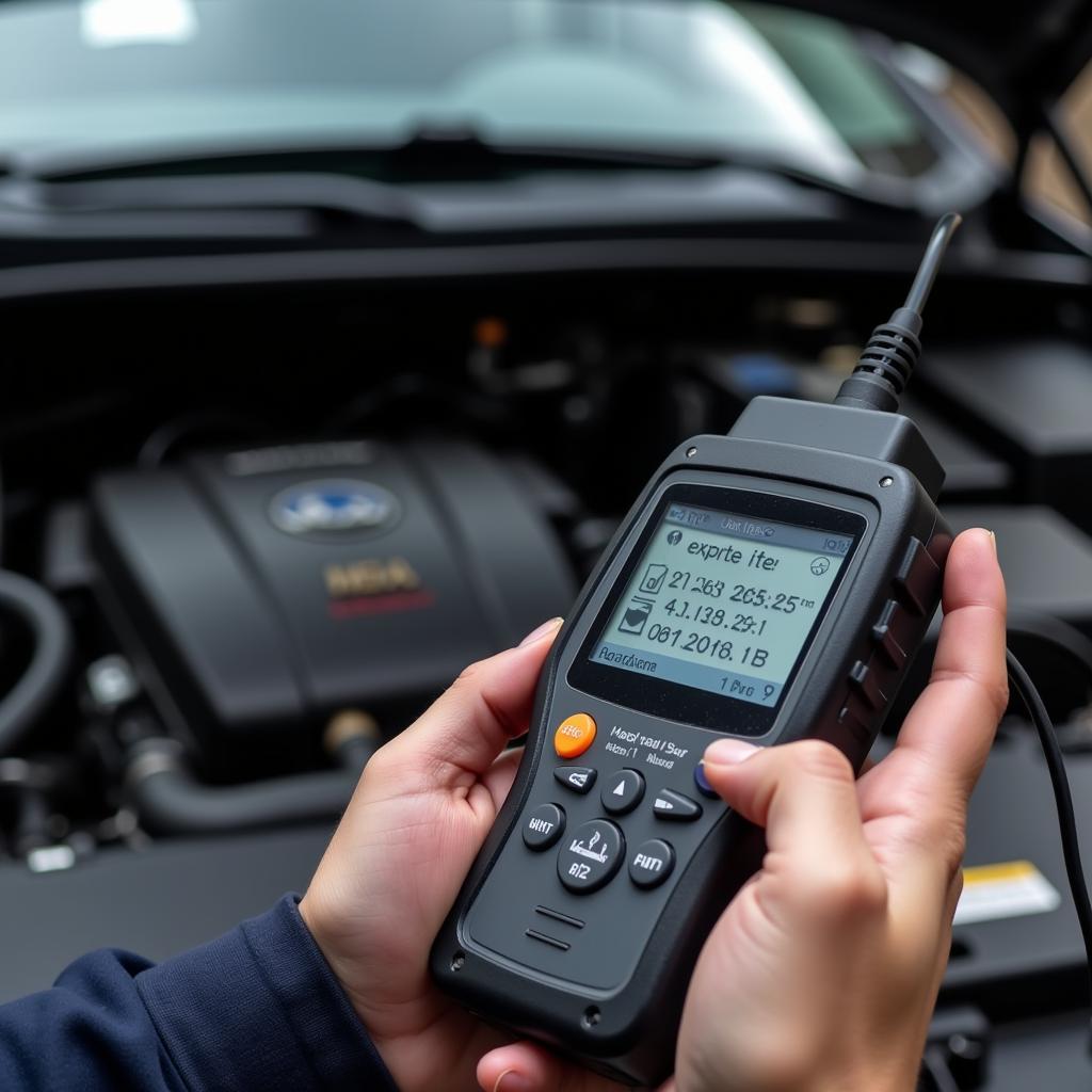 Mechanic using an OBD-II scanner on a car engine