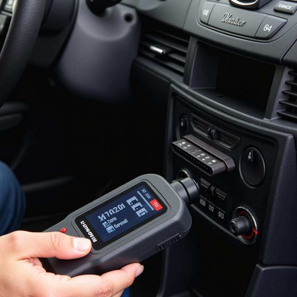 A person using an OBD-II scanner to diagnose a car problem