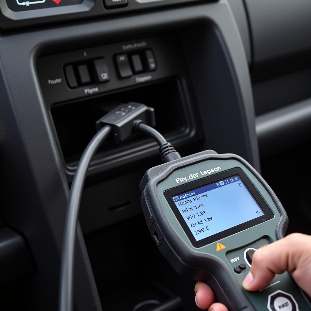 OBD2 scanner plugged into an older car's diagnostic port, showing no live data on the scanner's screen.