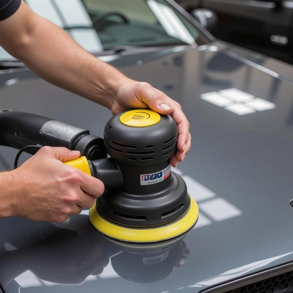 Orbital sander being used to remove paint from a car