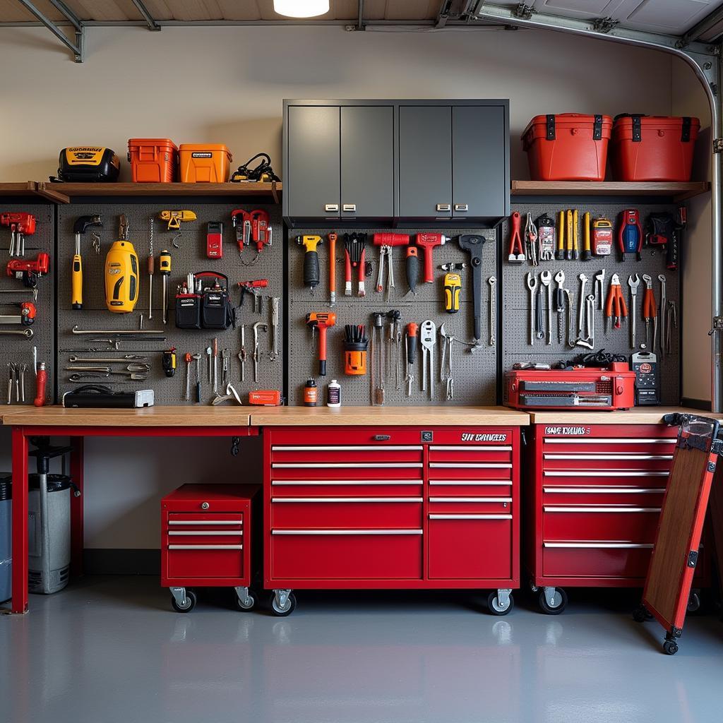 Organized Car Garage Tools: Tool chests, cabinets, wall-mounted organizers.