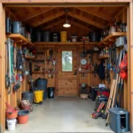 Organized farm tool storage in a shed