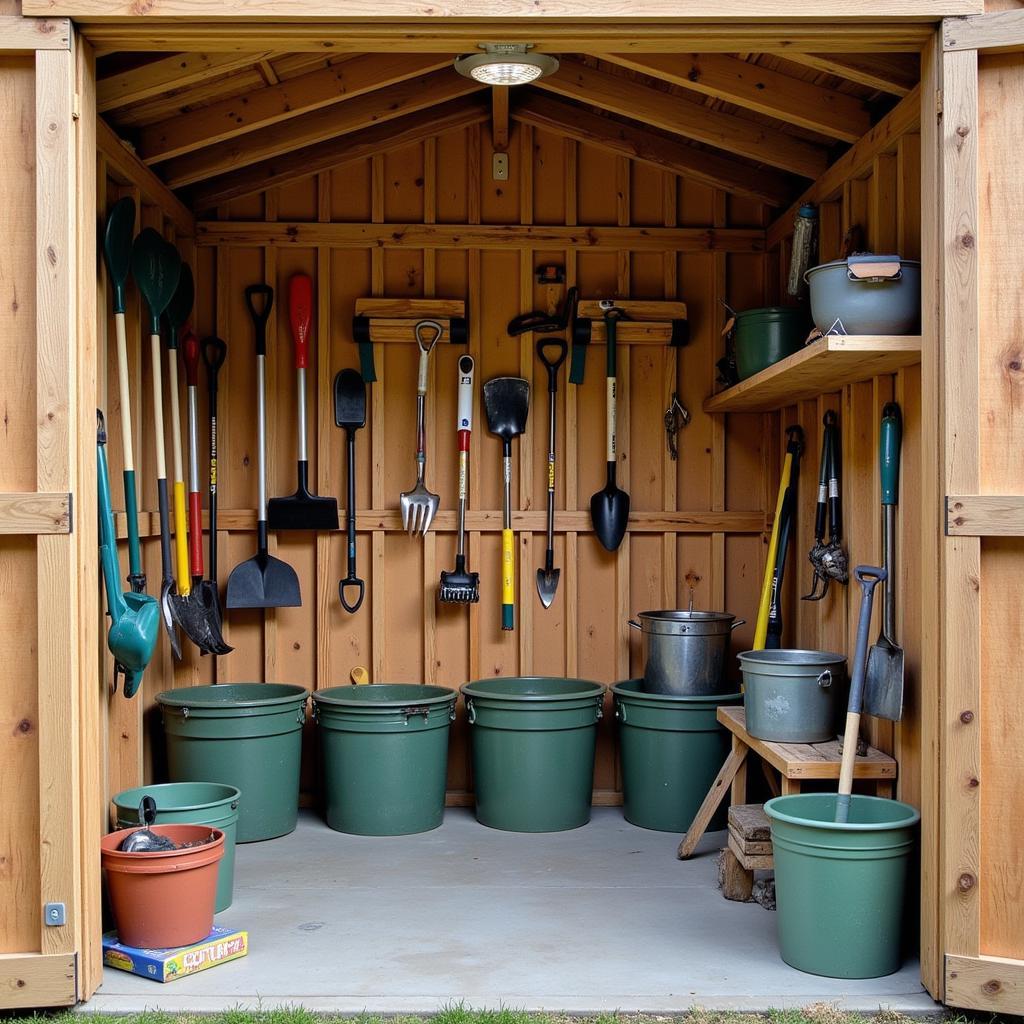 Organized garden shed with hanging tools