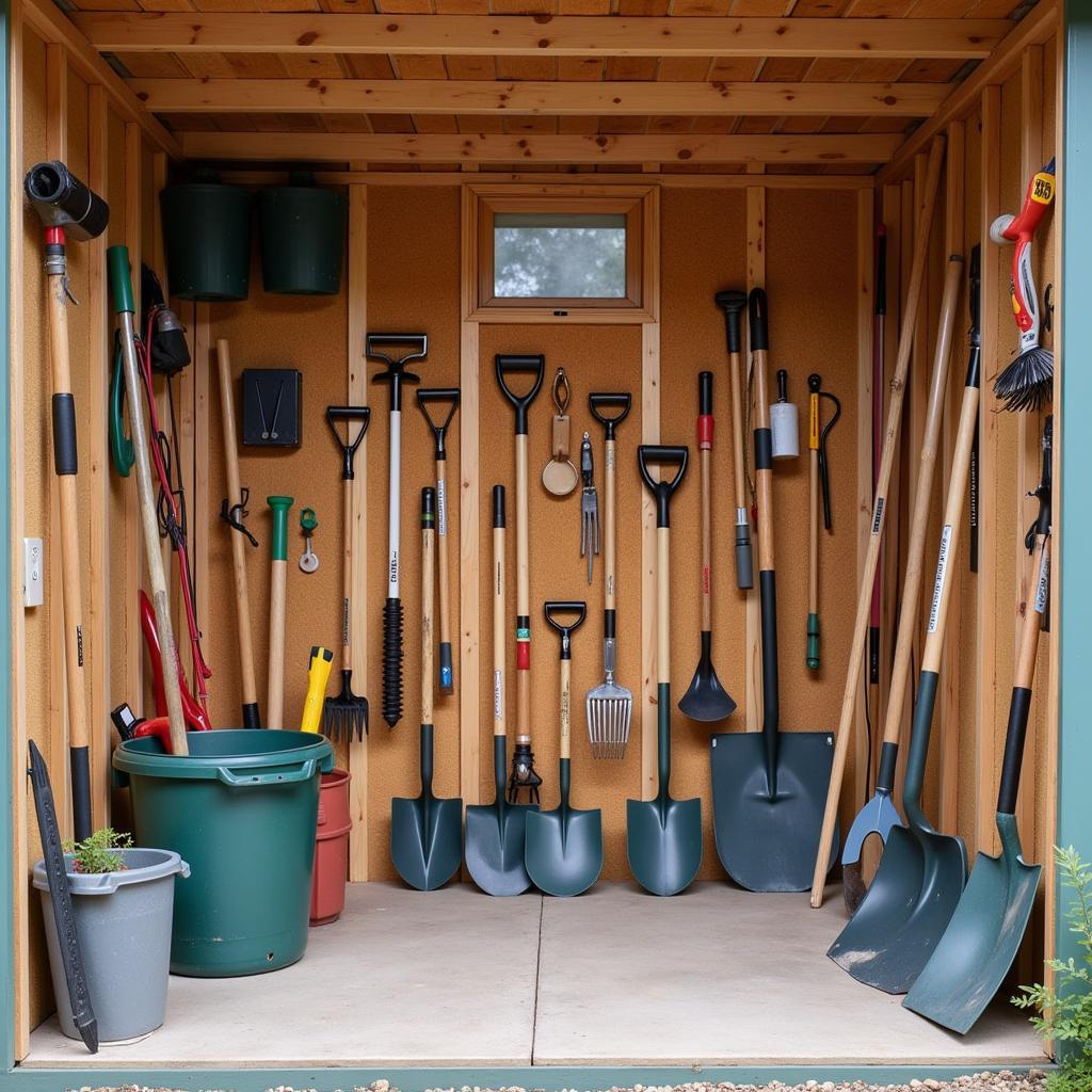 Organized Garden Tool Shed with Hanging Tools