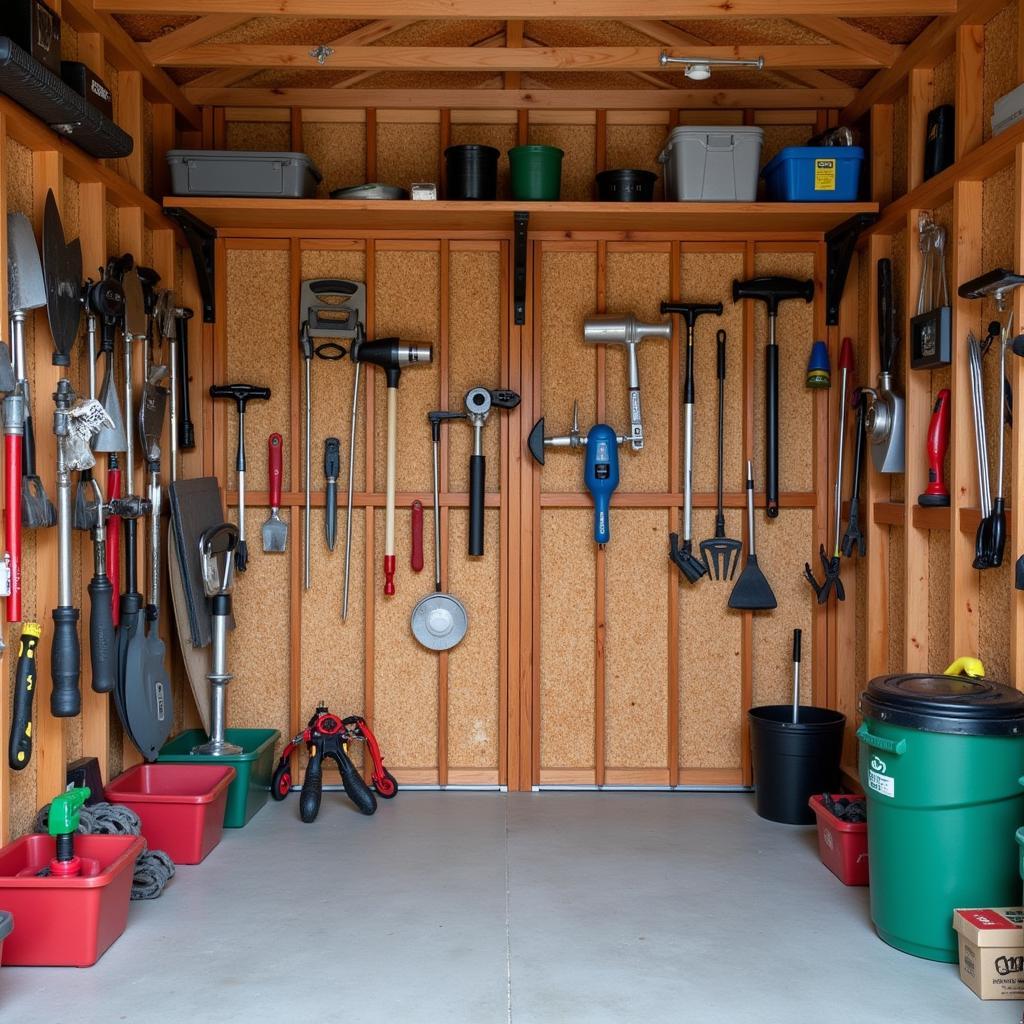 Organized garden tools stored properly in a shed