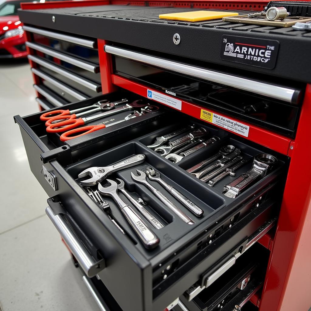 A perfectly organized industrial tool chest in a car dealership