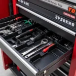 An organized rolling tool cart with labeled drawers for easy access.