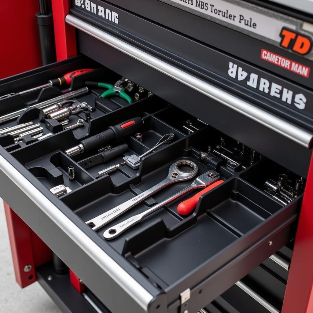 An organized rolling tool cart with labeled drawers for easy access.