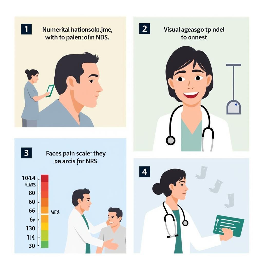 Pain assessment tools used in palliative care. Illustration of various pain scales and assessment methods used by healthcare professionals in palliative care settings.