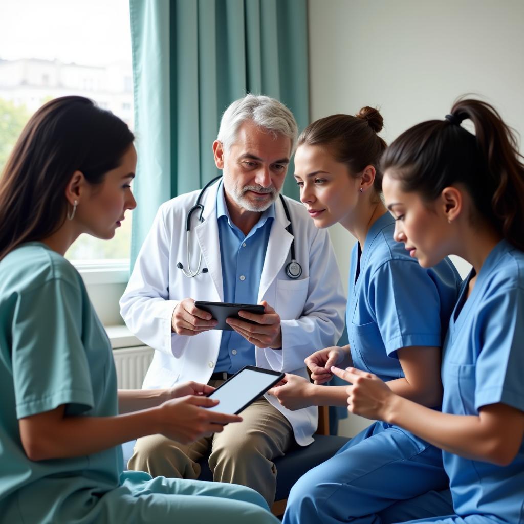 Healthcare professionals collaborating around a patient using digital tools