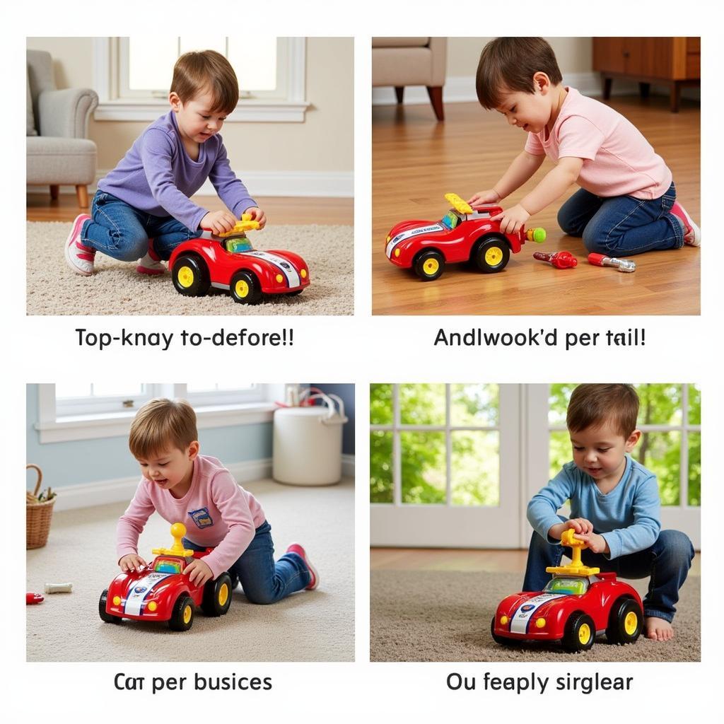 A child playing with the Playskool Cool Tools Race Car on a variety of surfaces.