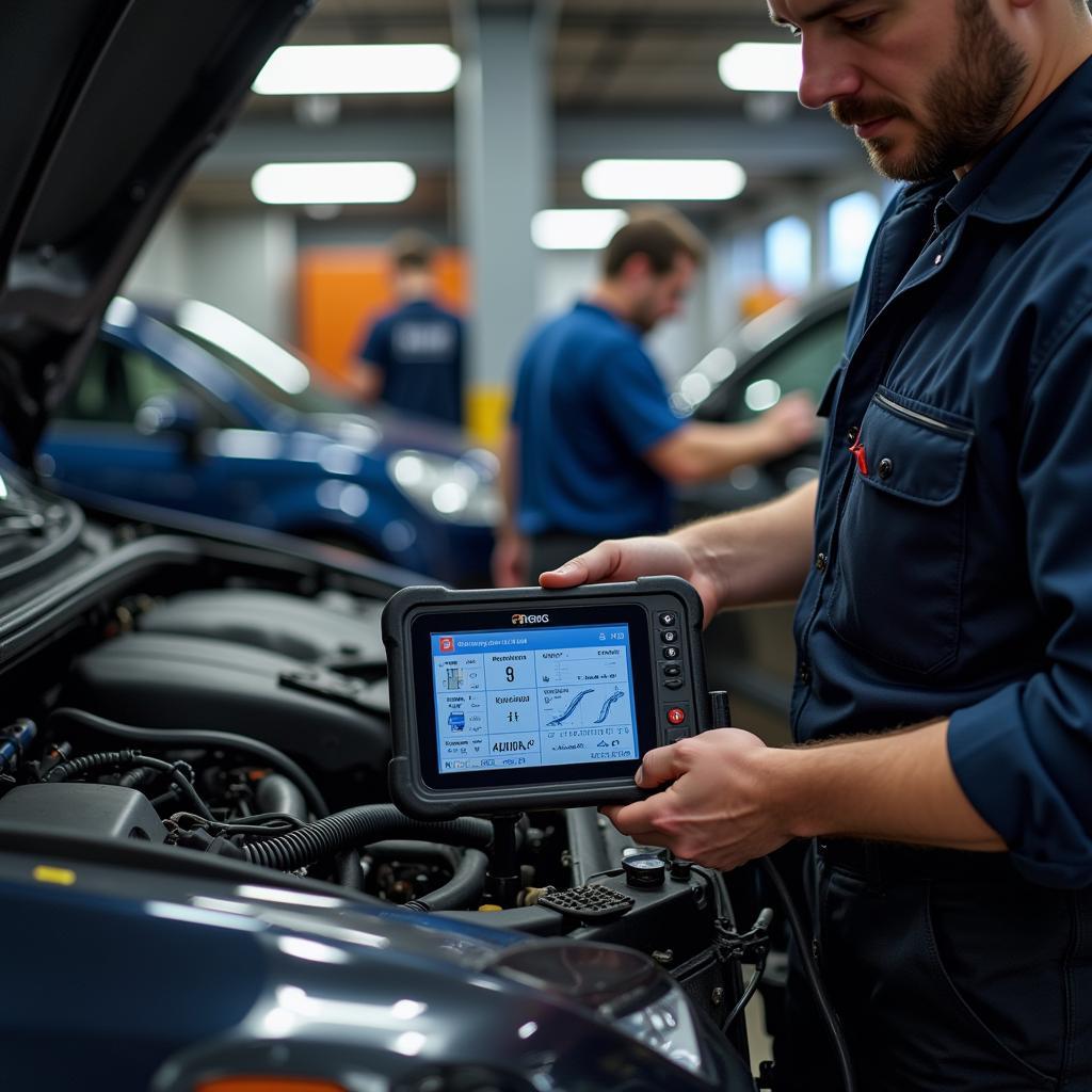 Mechanic using a point-of-care testing tool to diagnose a car engine problem in a busy auto repair shop.