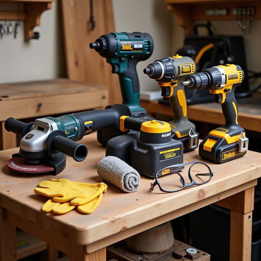 Essential power tools for a car body shop: grinders, sanders, drills, impact wrenches, and welders.