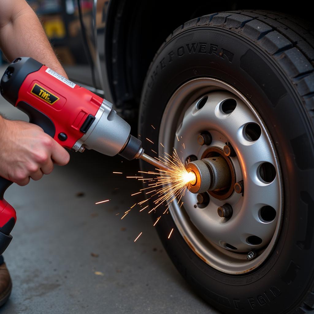 Mechanic Using an Impact Wrench to Remove a Lug Nut