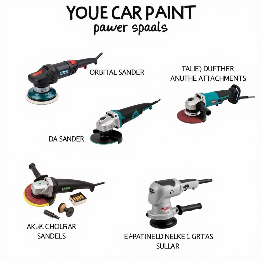 Different types of power tools for removing car paint, including electric sanders and air-powered tools