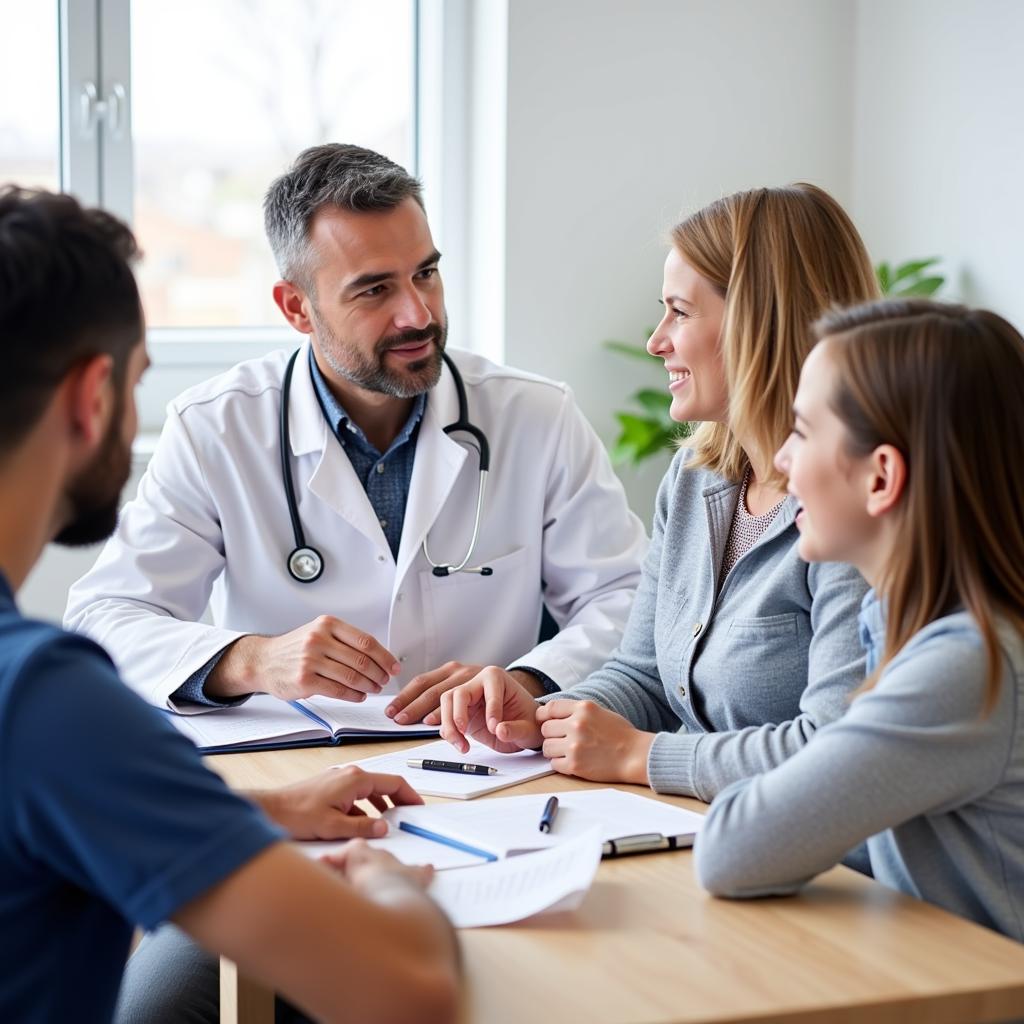 A doctor discussing preferred priorities of care planning tools with a patient and their family.