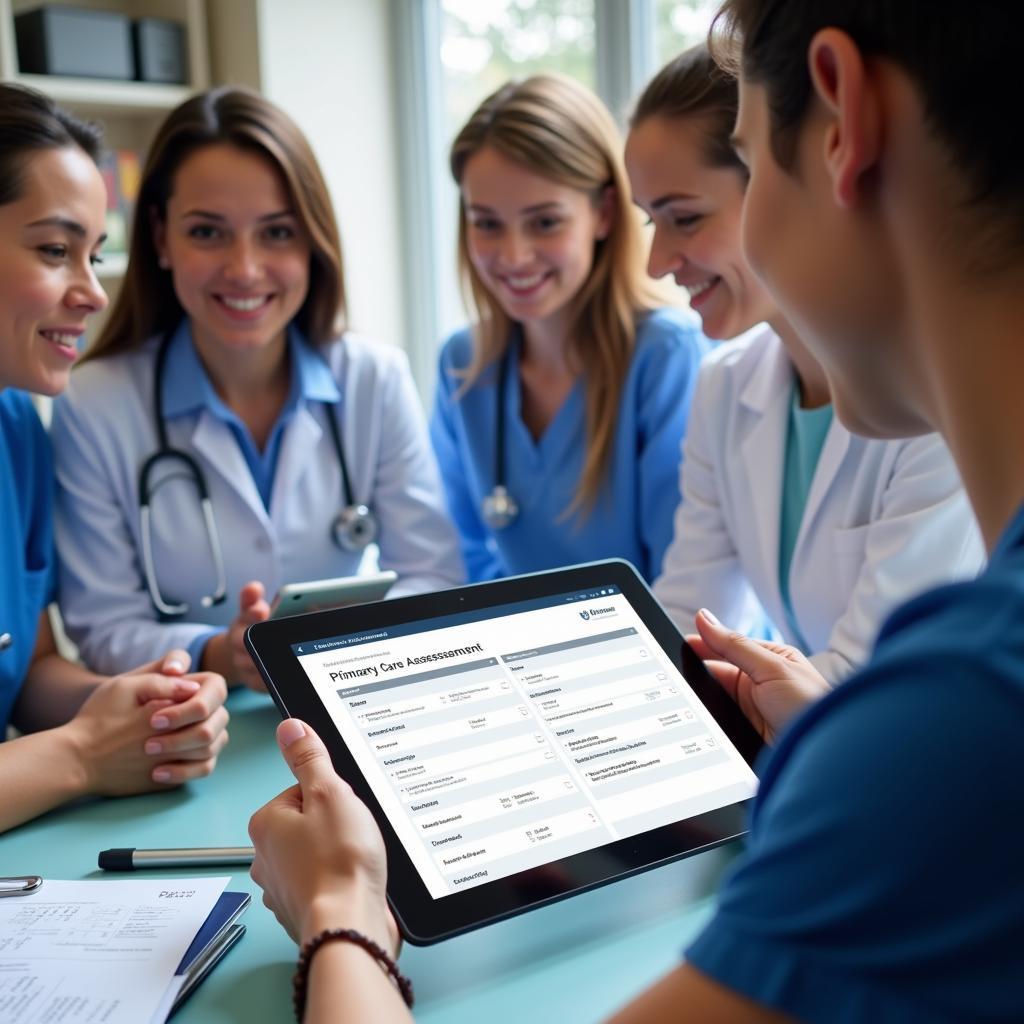 Healthcare professionals using a primary care assessment tool on a tablet.