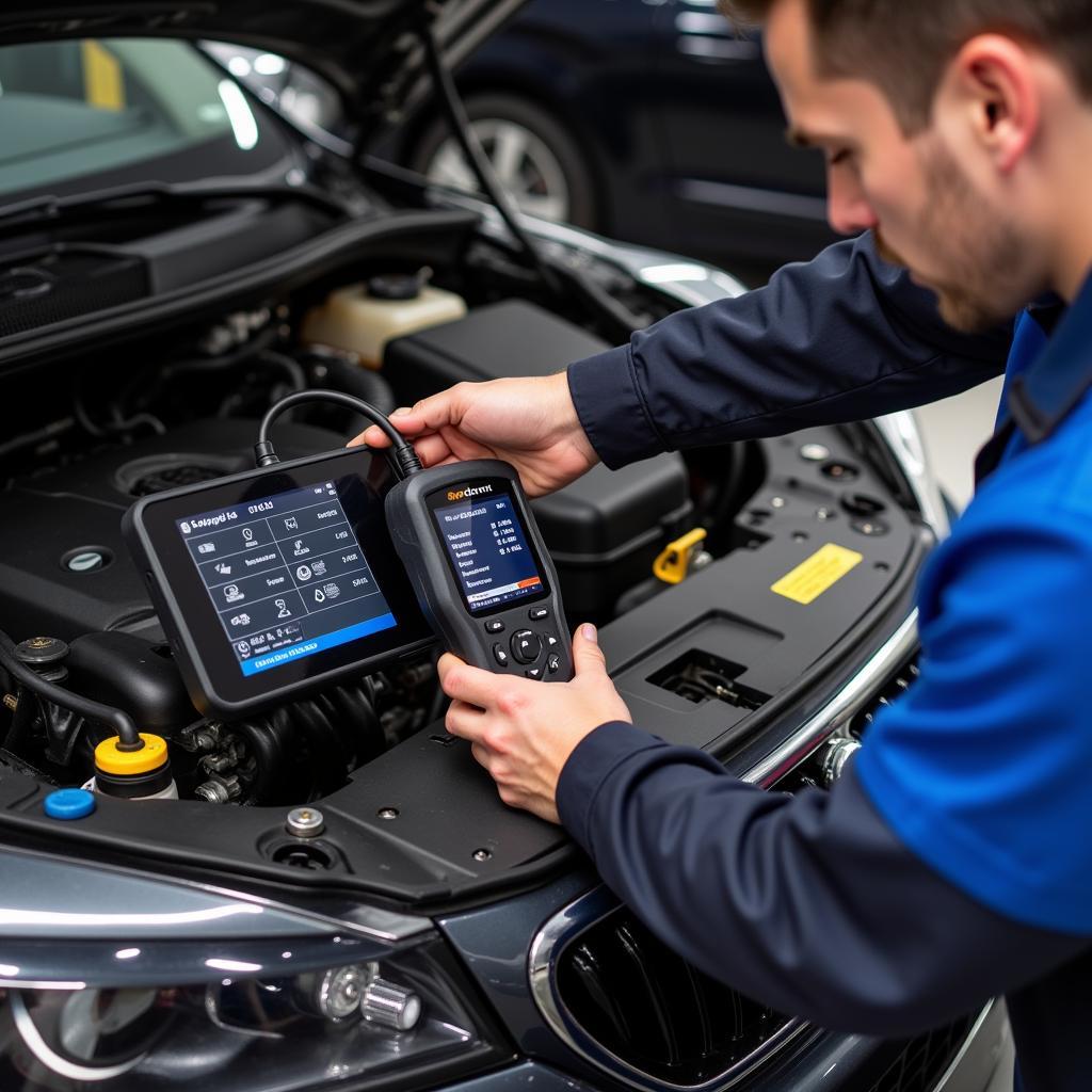 A mechanic using a professional car diagnostic tool to troubleshoot a car's electronic systems.