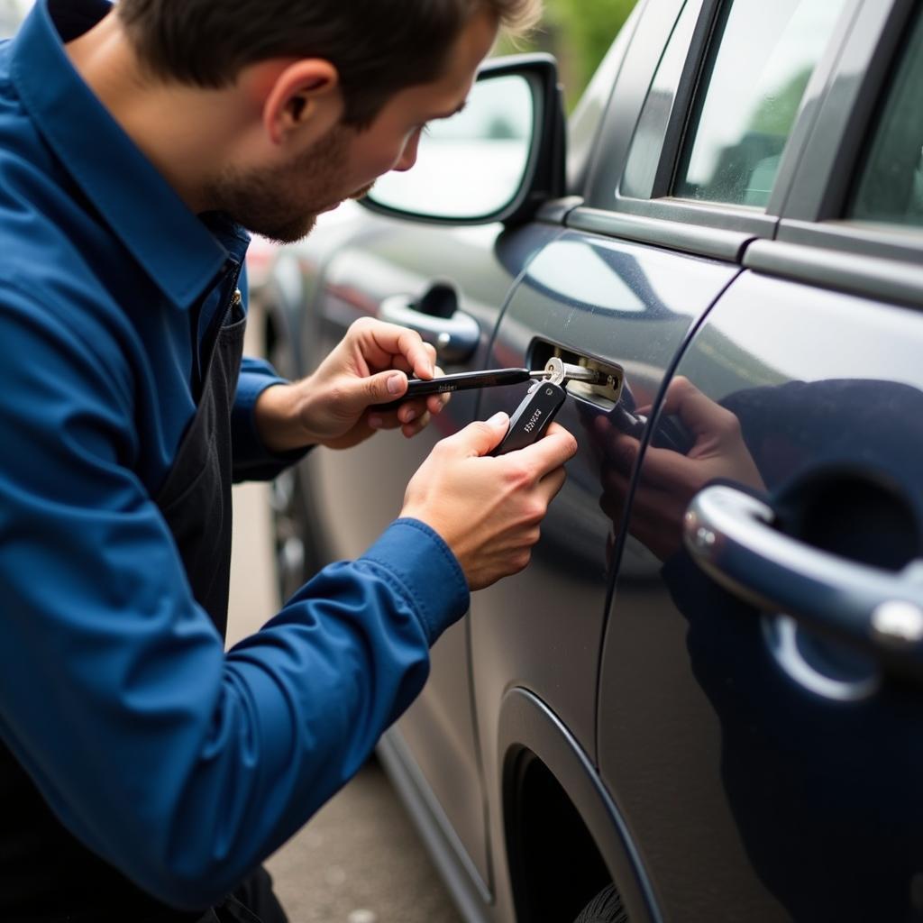 Professional locksmith using tools to unlock a car