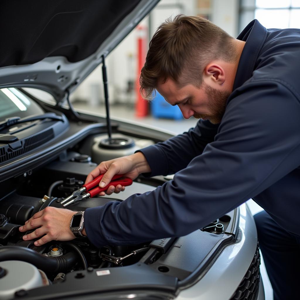 Professional Mechanic Disconnecting Car AC