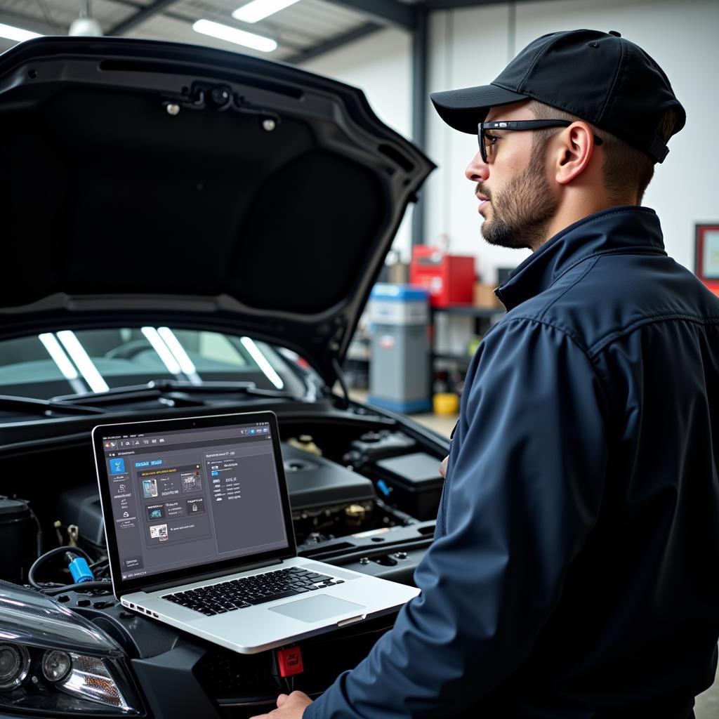 Professional Mechanic Utilizing Car Diagnostic Software on a Laptop