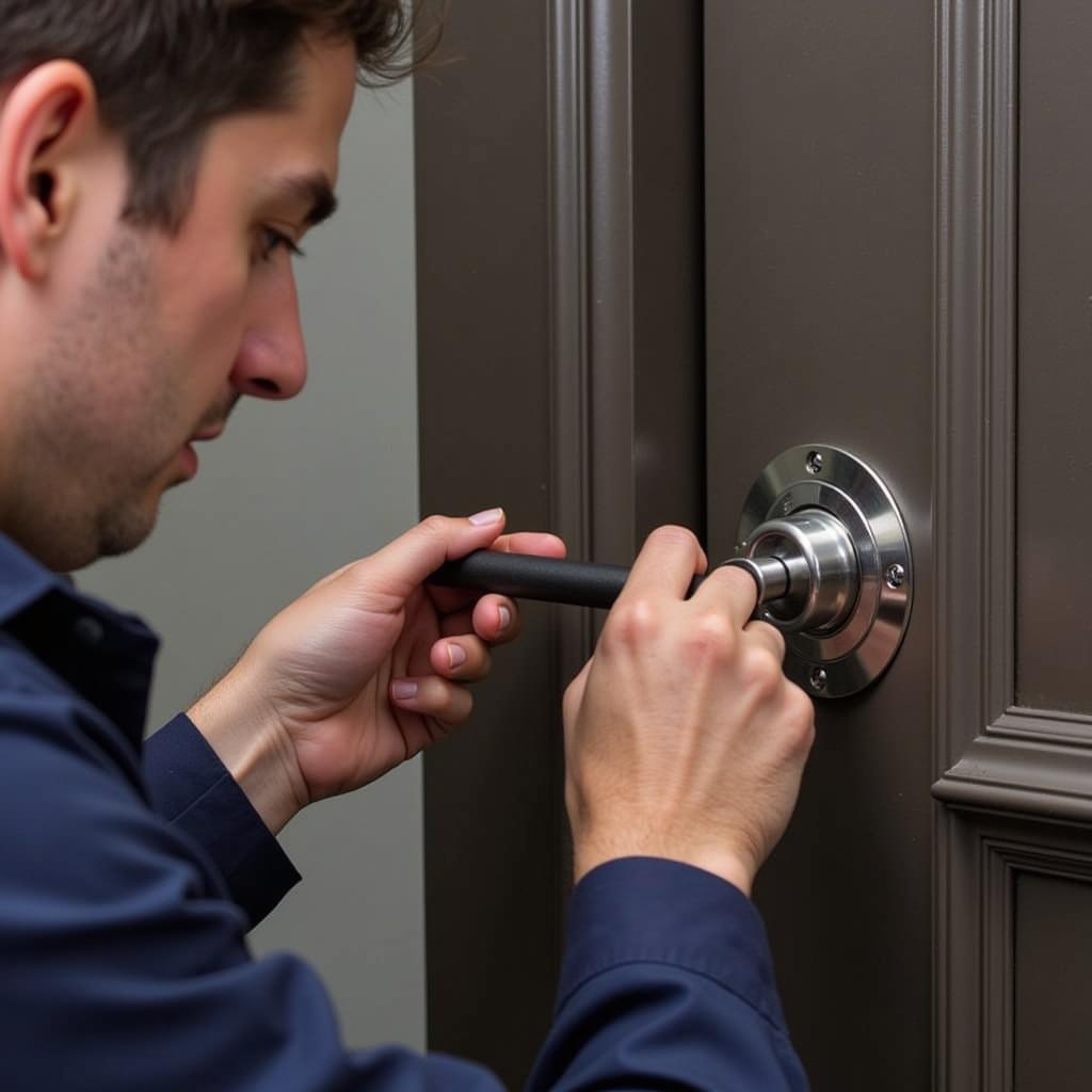 A Locksmith Using a Button Puller to Open a Locked Car