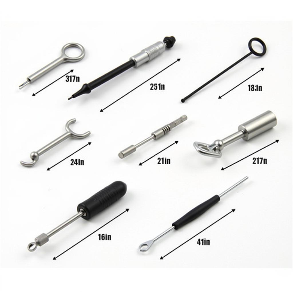 A comprehensive pry tool set for cars including various shapes and sizes made of metal and plastic.