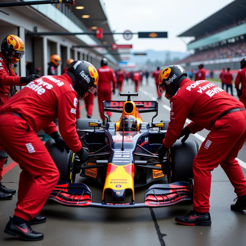 Race car pit crew performing a tire change during a pit stop