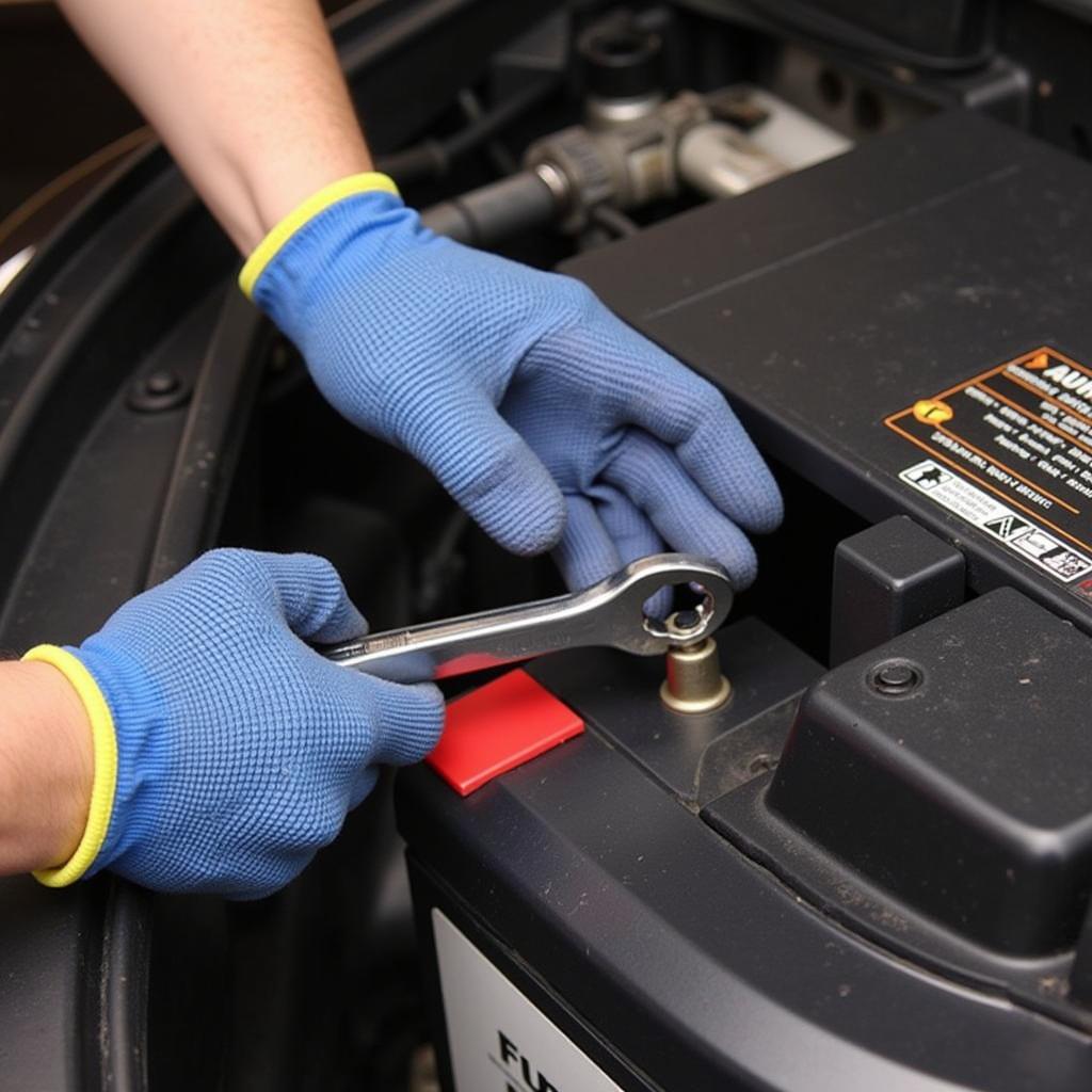 Removing Car Battery with Wrench