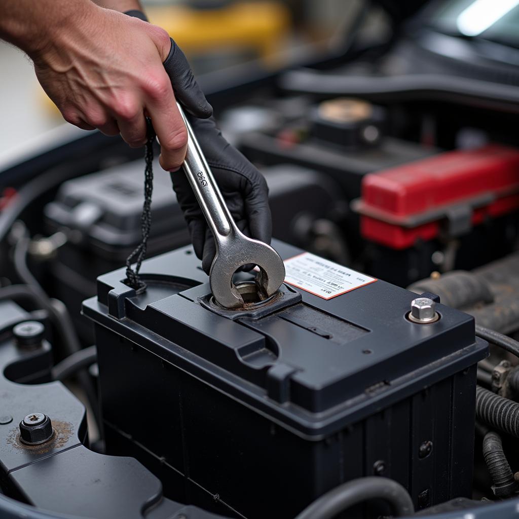 Removing a car battery using a wrench