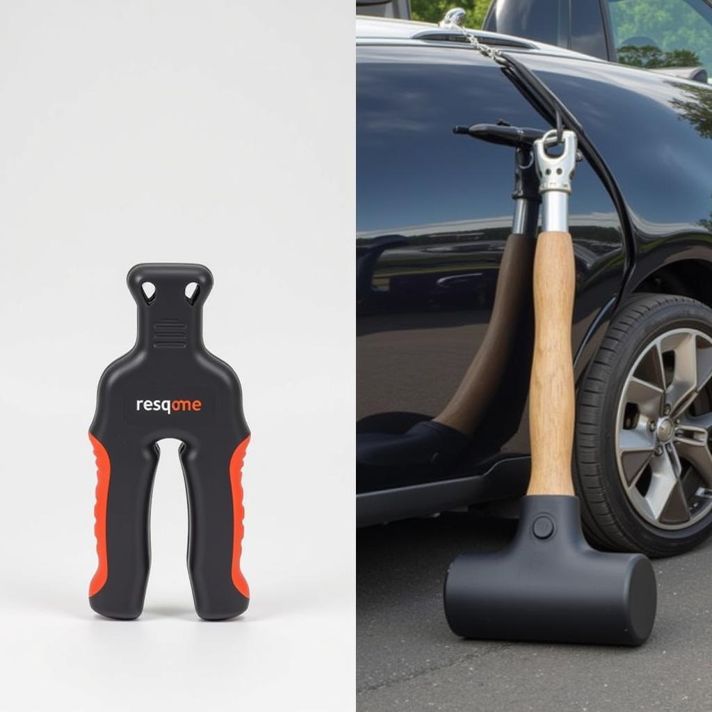 Comparison between a resqme tool and a traditional car escape hammer.