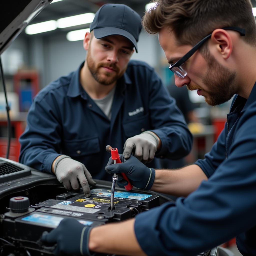 Mechanic safely disconnecting a car battery cable