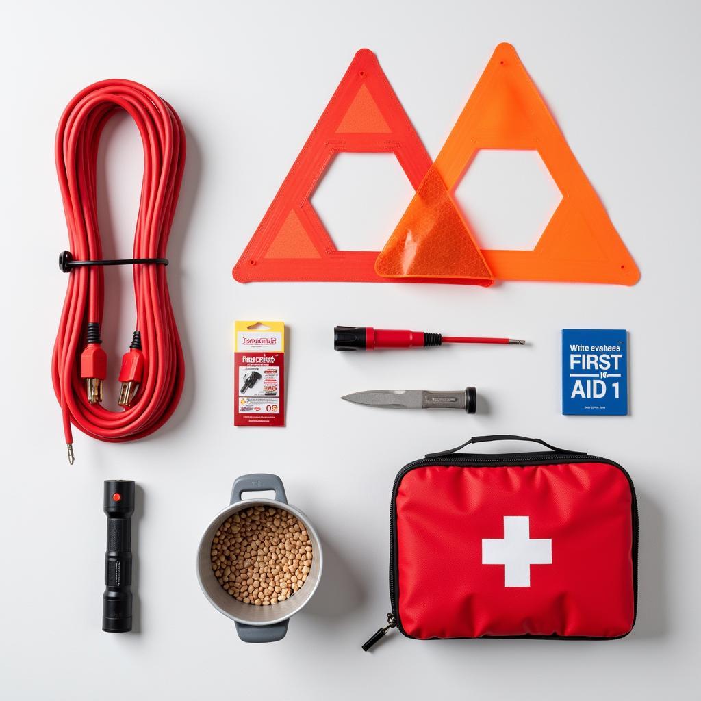 Safety and emergency items like jumper cables, reflective triangles, first-aid kit and flashlight.