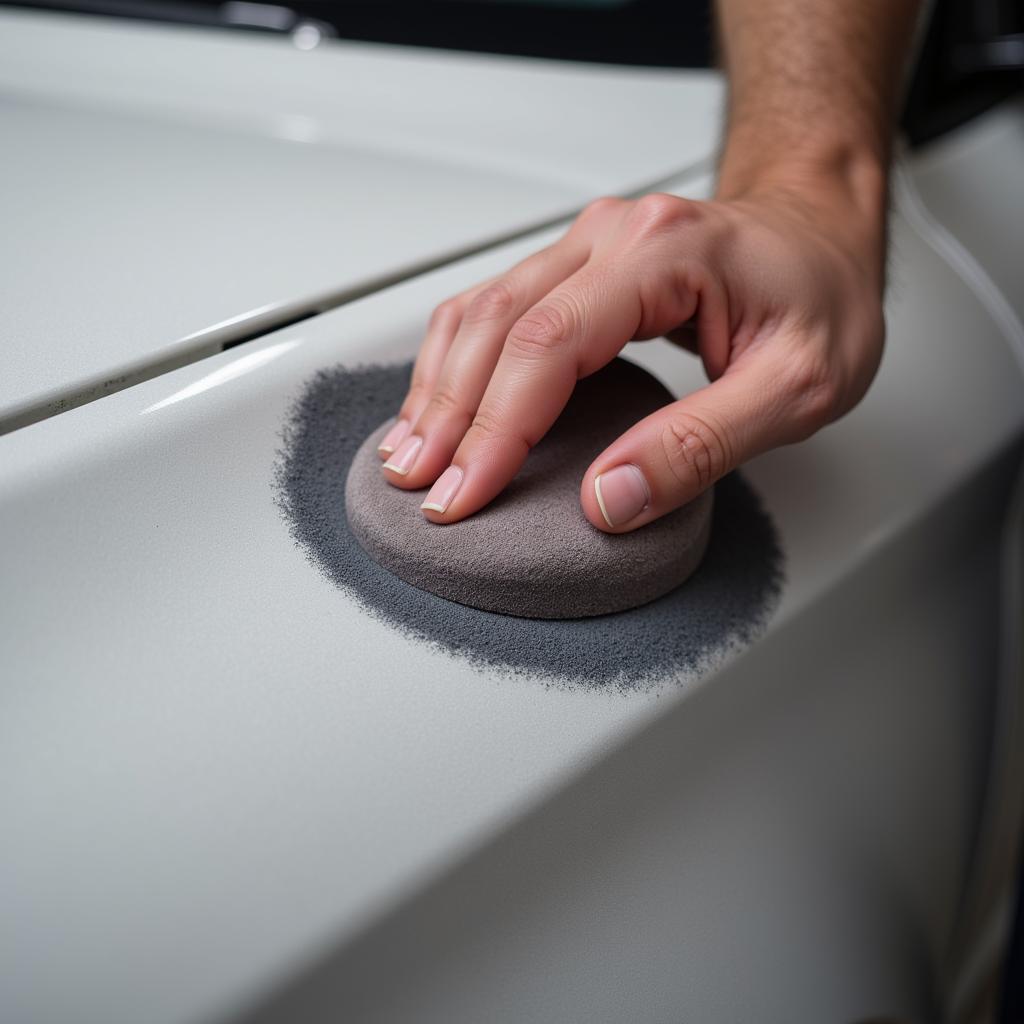 Sanding touched up car paint with fine-grit sandpaper for a smooth finish.