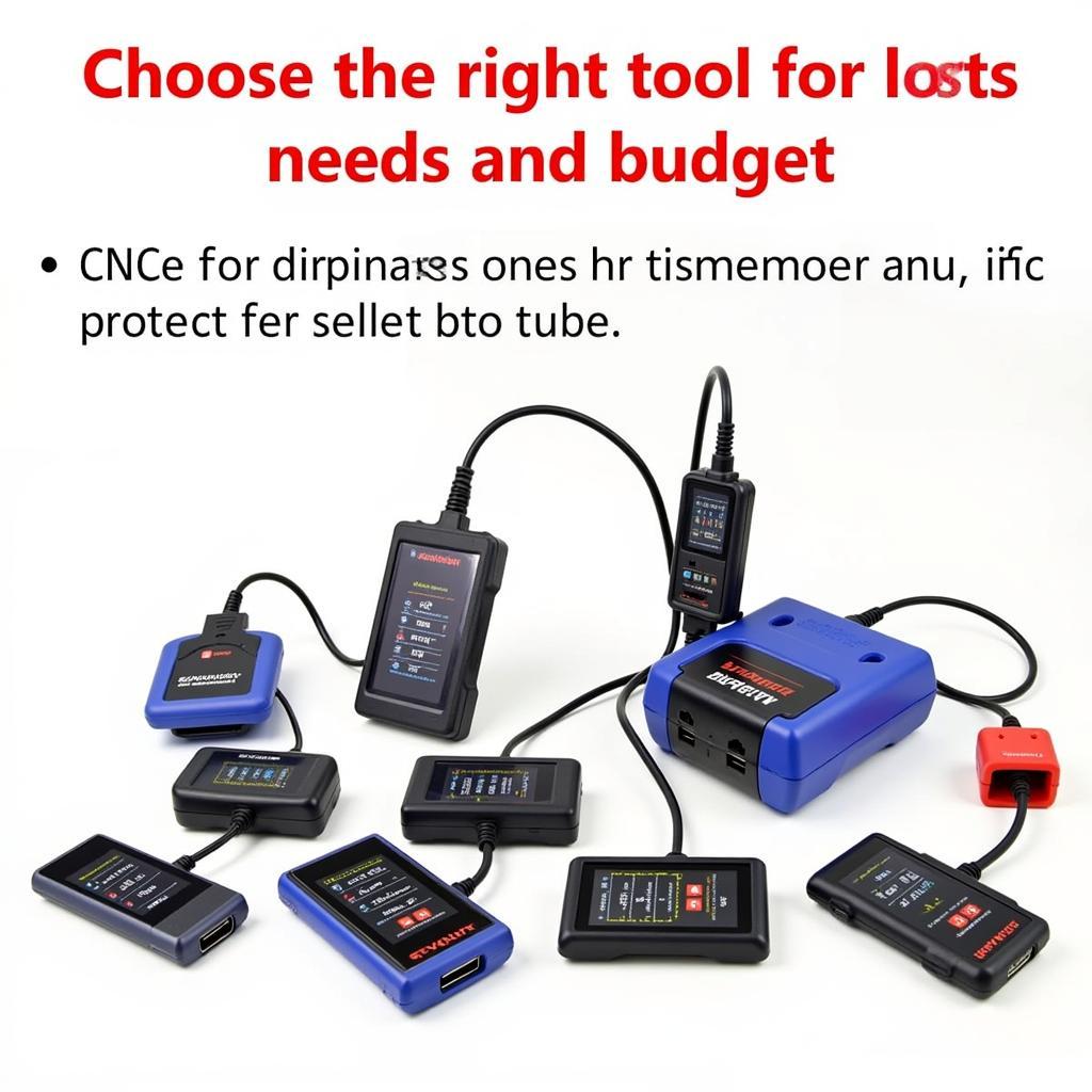 Different types of video car diagnostic tools displayed on a workbench.