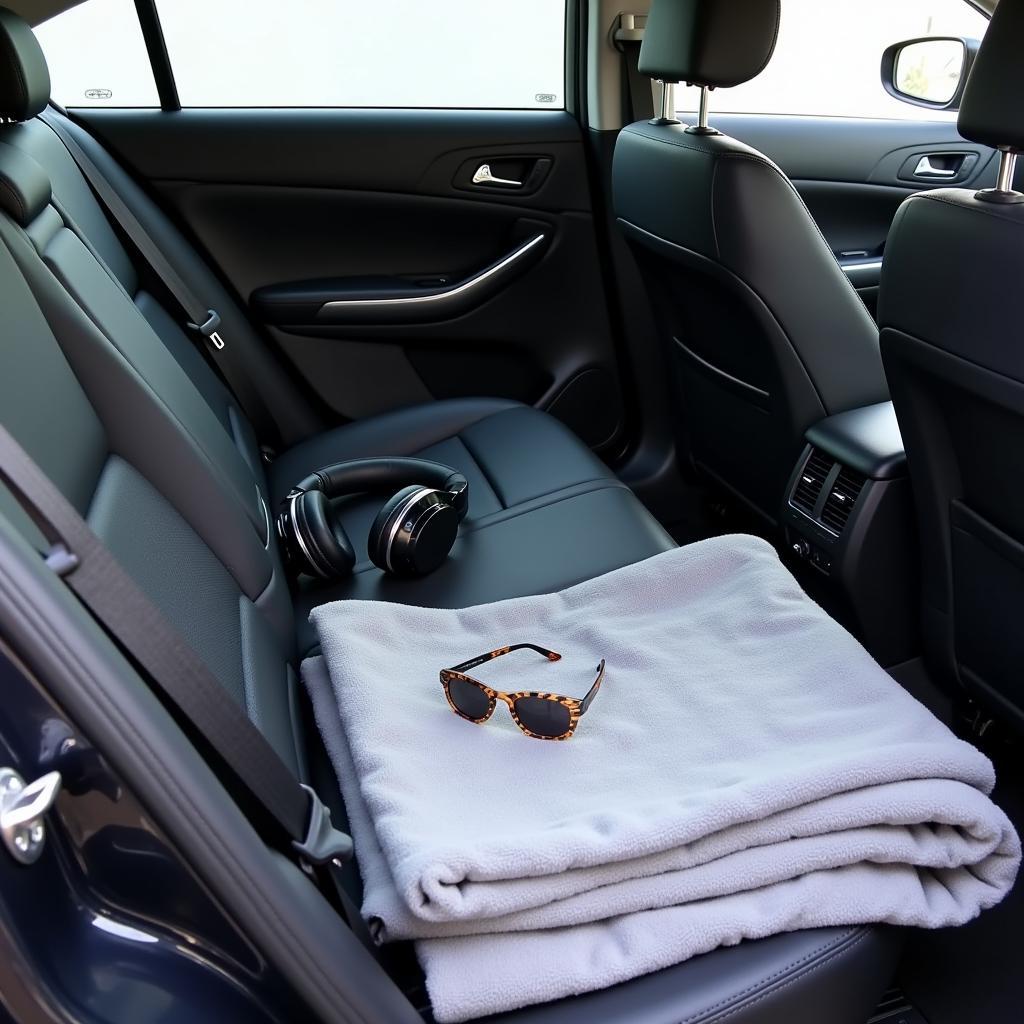 A car interior adapted for sensory sensitivity, featuring noise-canceling headphones, sunglasses, and a weighted blanket.