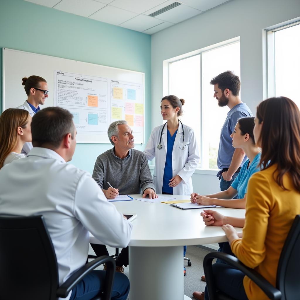 Healthcare professionals, patients, and family members collaborating on a care plan during a meeting