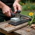 Sharpening garden shears with a sharpening stone