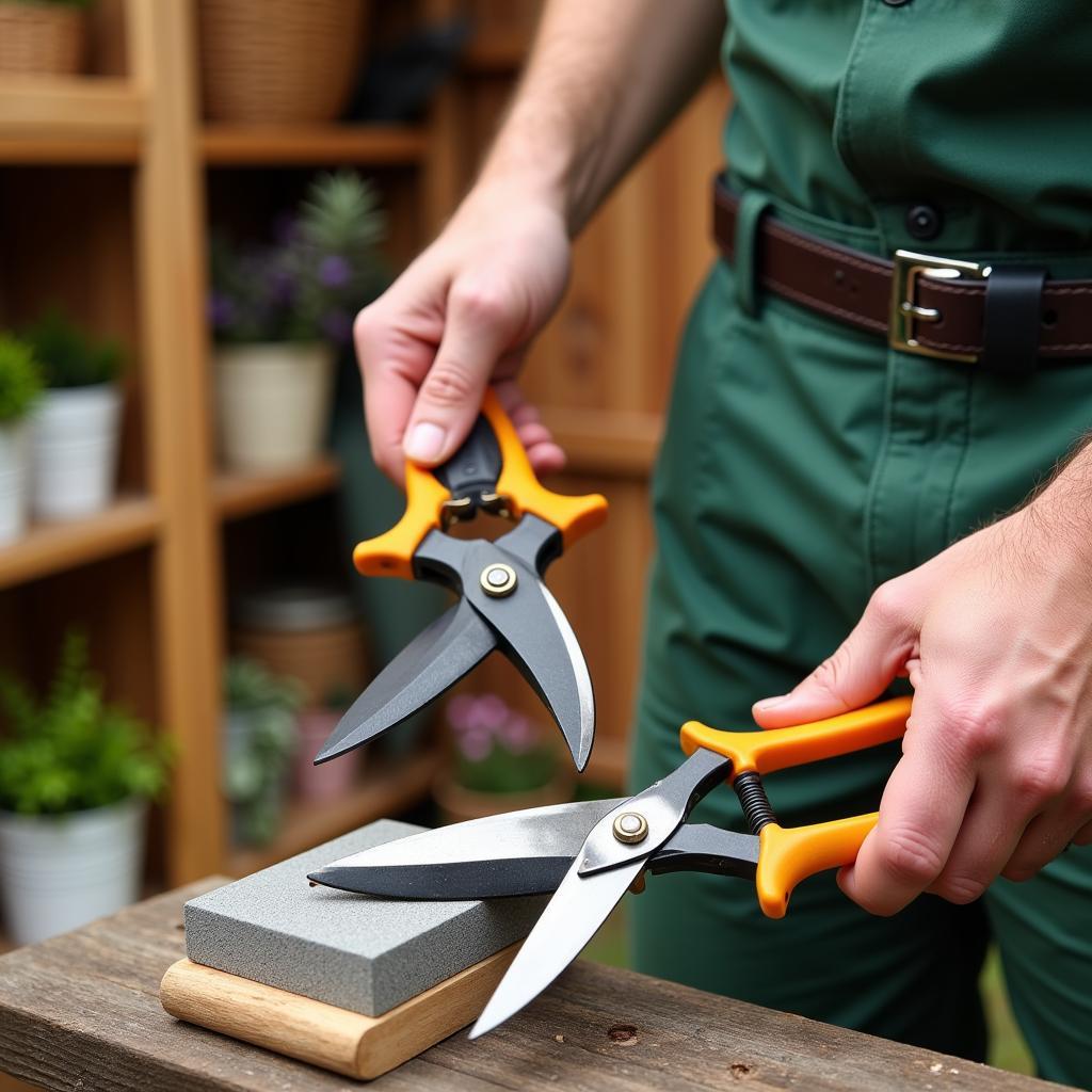 Sharpening Garden Shears with a Sharpening Stone