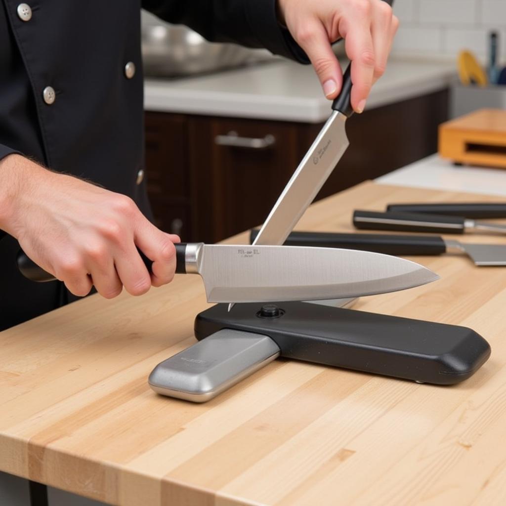 Sharpening kitchen knives with a honing steel