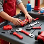 Kids Playing with Smoby Cars Tool Bench Accessories