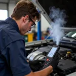 Smoke machine being used to locate an emission leak in a car engine.