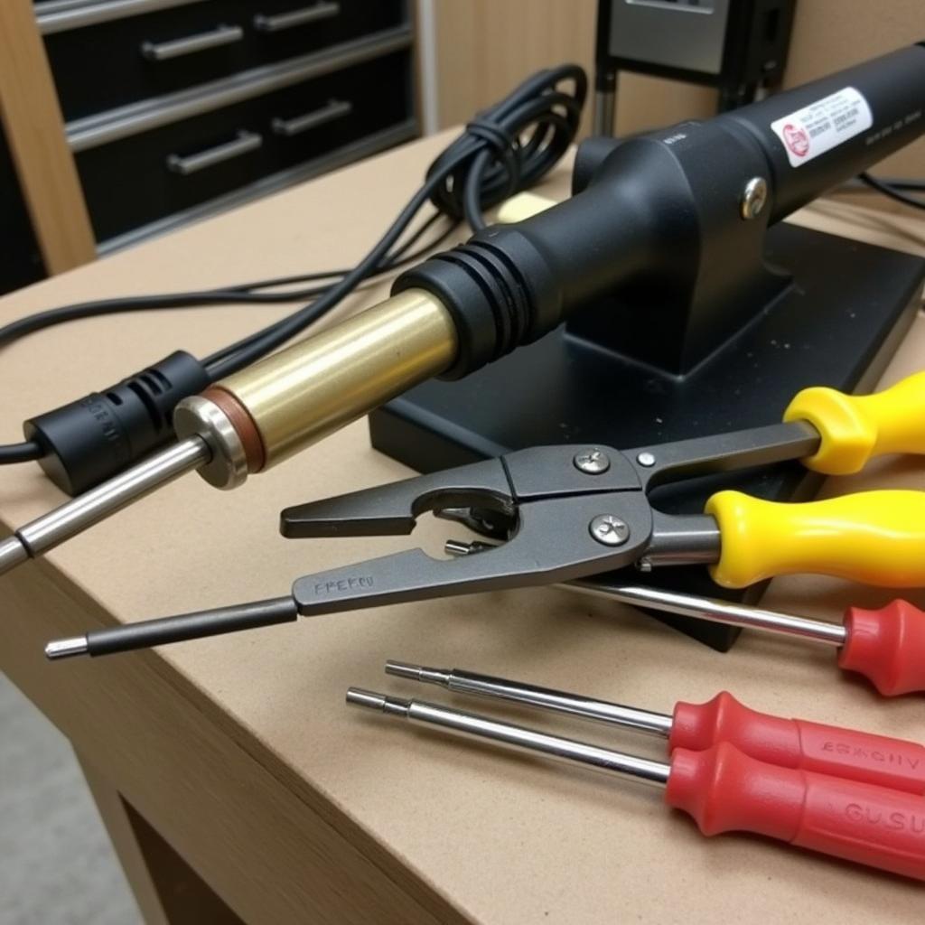 Soldering iron, wire strippers, and screwdrivers are essential tools for building a battery-powered car.