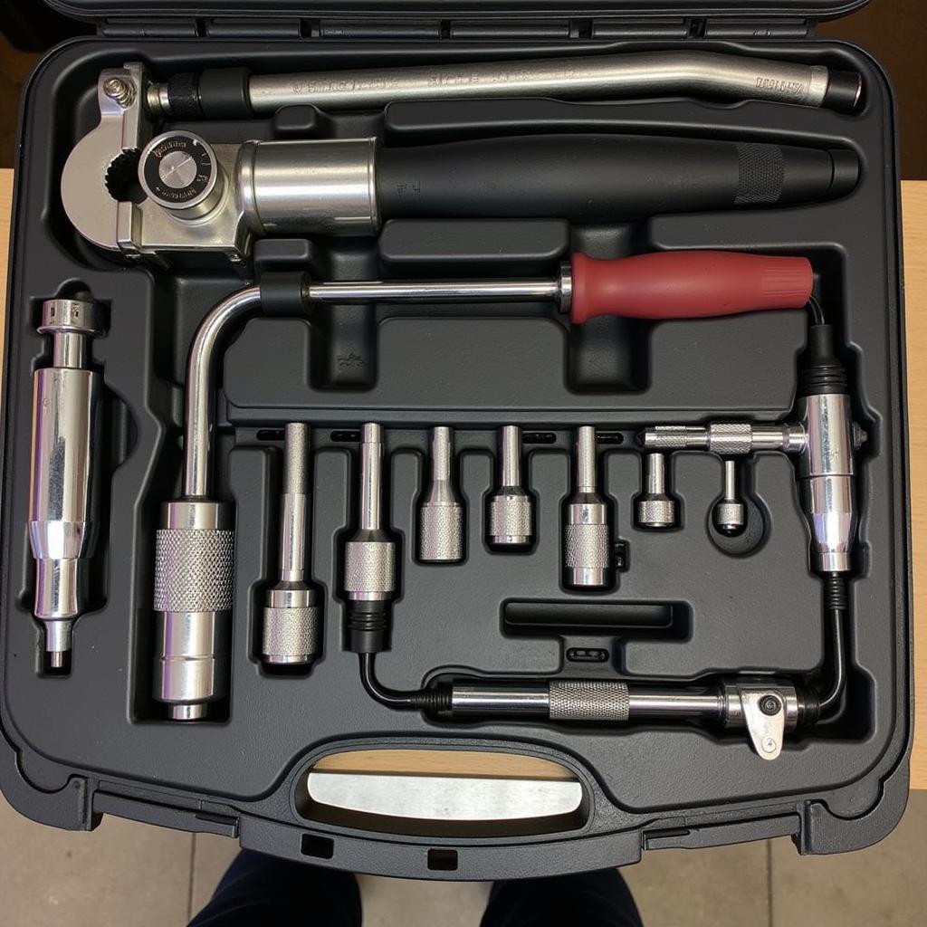 Specialized car repair tools like an oil filter wrench and brake bleeder kit.