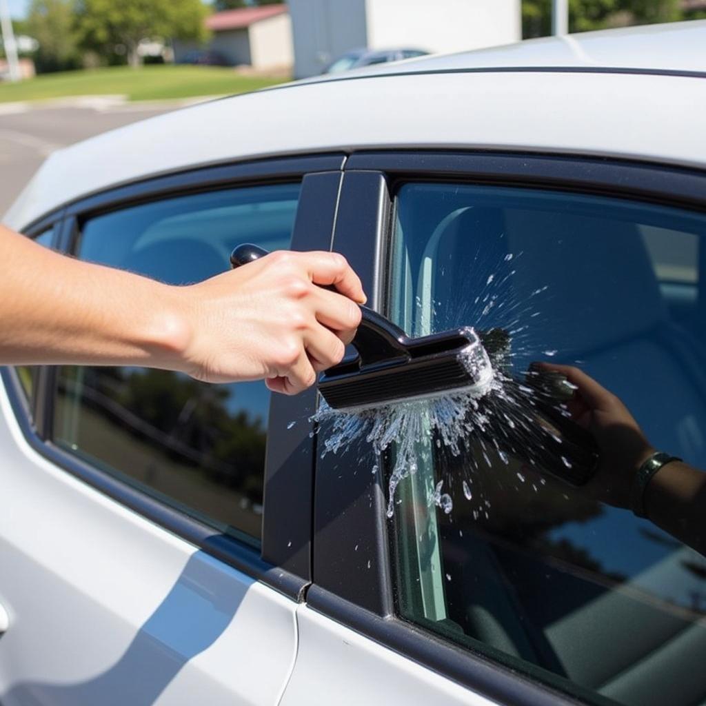 A person using a squeegee to clean a car window