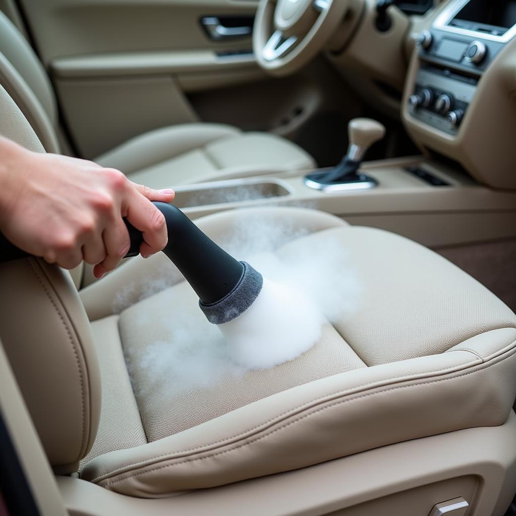 Steam cleaner being used on a car interior